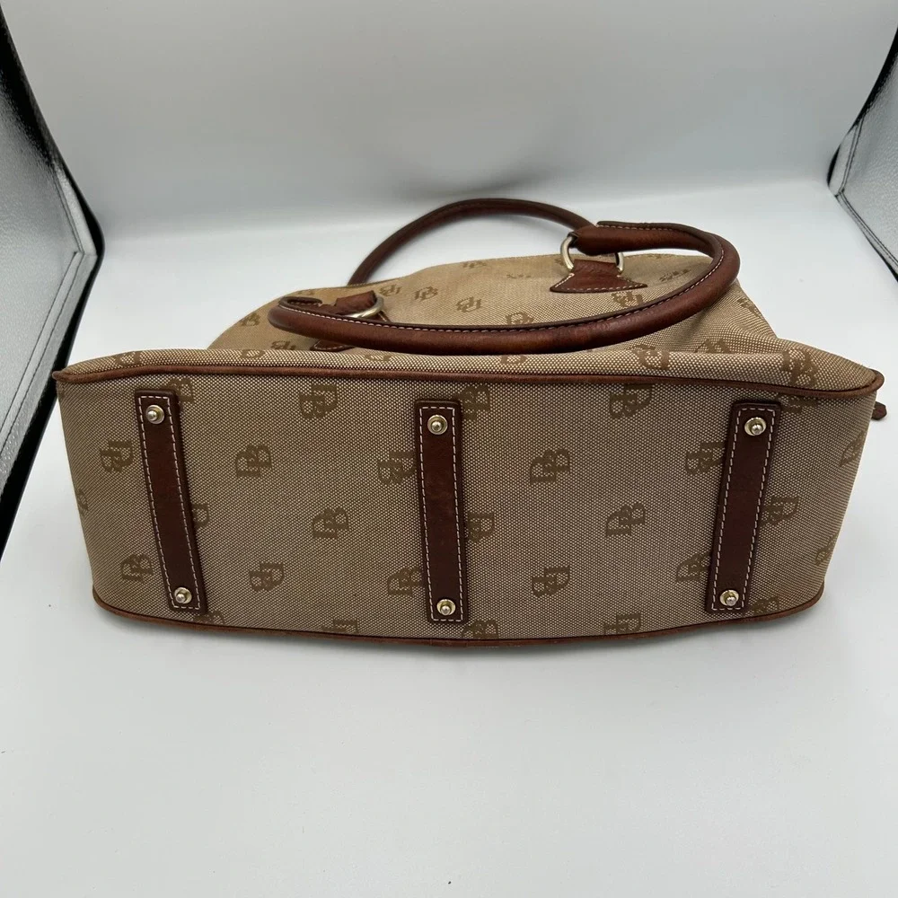 Dooney & Bourke Satchel Women Medium Tan Monogram Canvas Leather Trim Dome Bag
